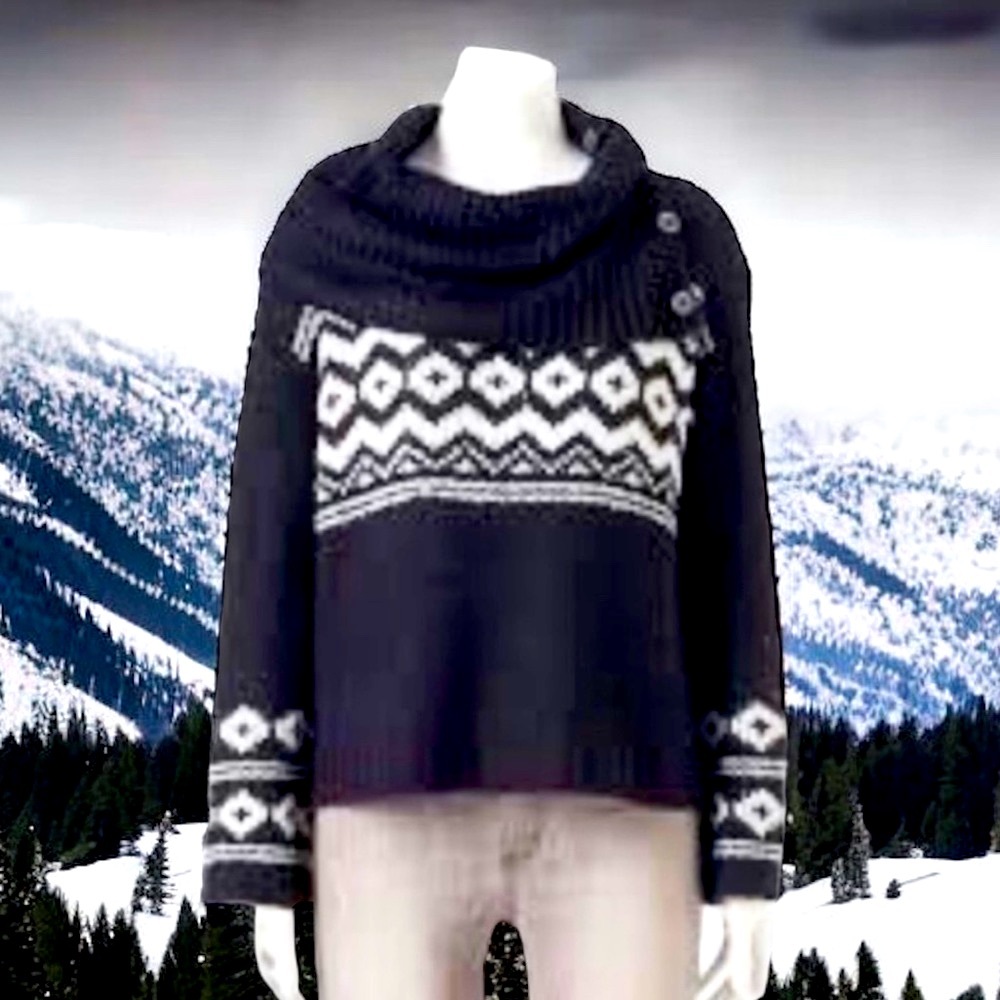 Pink Republic Black/White Fair Isle Holiday Cowl Neck Ski Sweater Size Medium